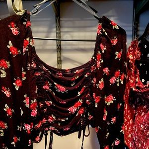 Black and pink flower cinched crop top